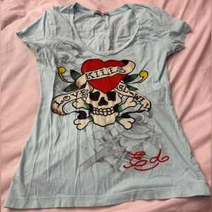 Ed Hardy Light Blue Tee with Skull and Heart Design
